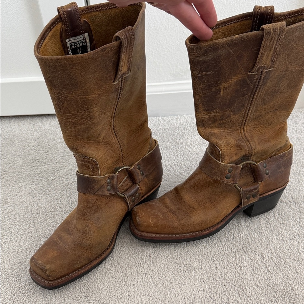 Frye Brown Leather Harness Cowboy Boots
